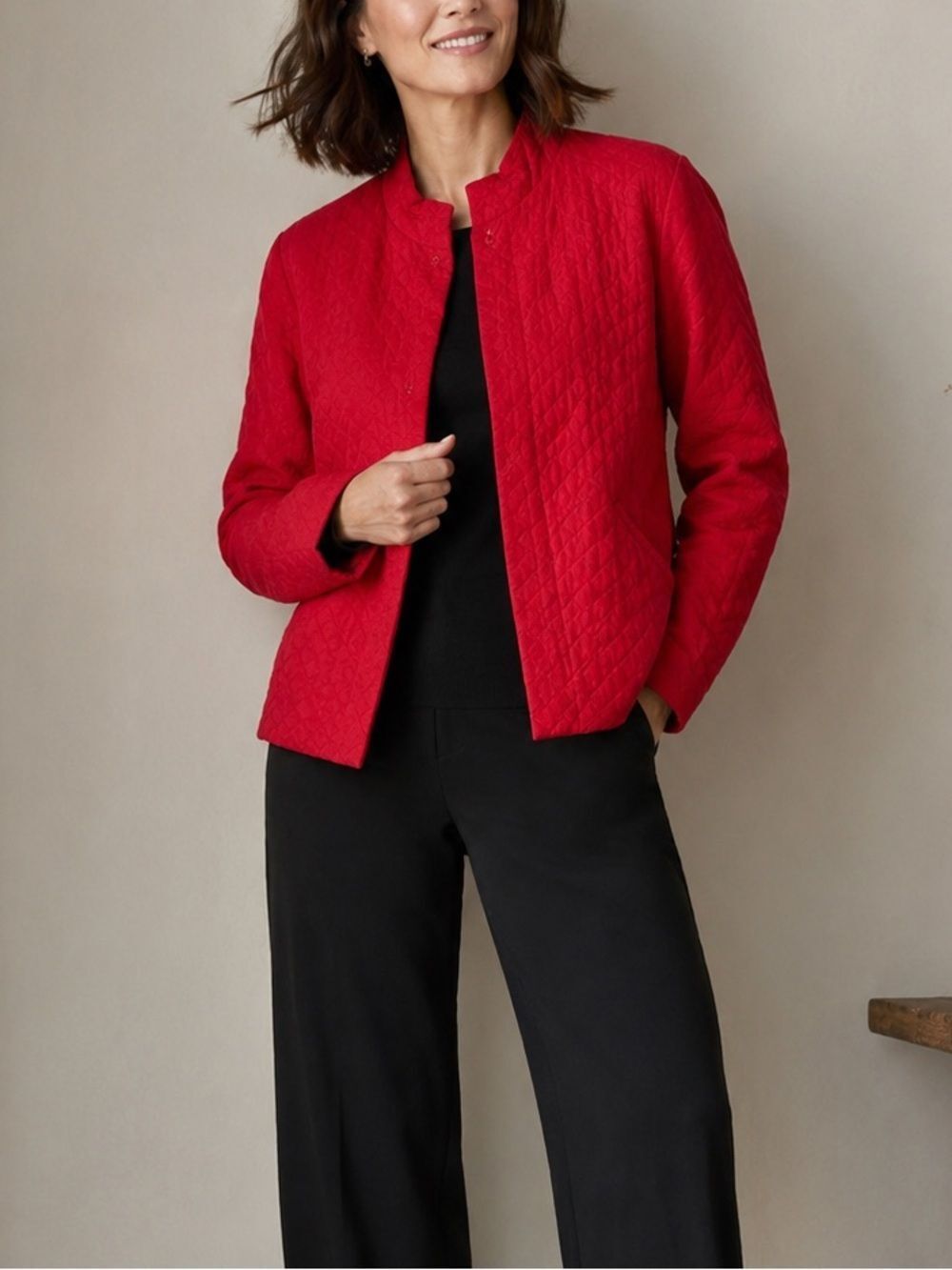 Eileen Fisher Petite Red Silk Quilted Jacket Mandarin Collar PS